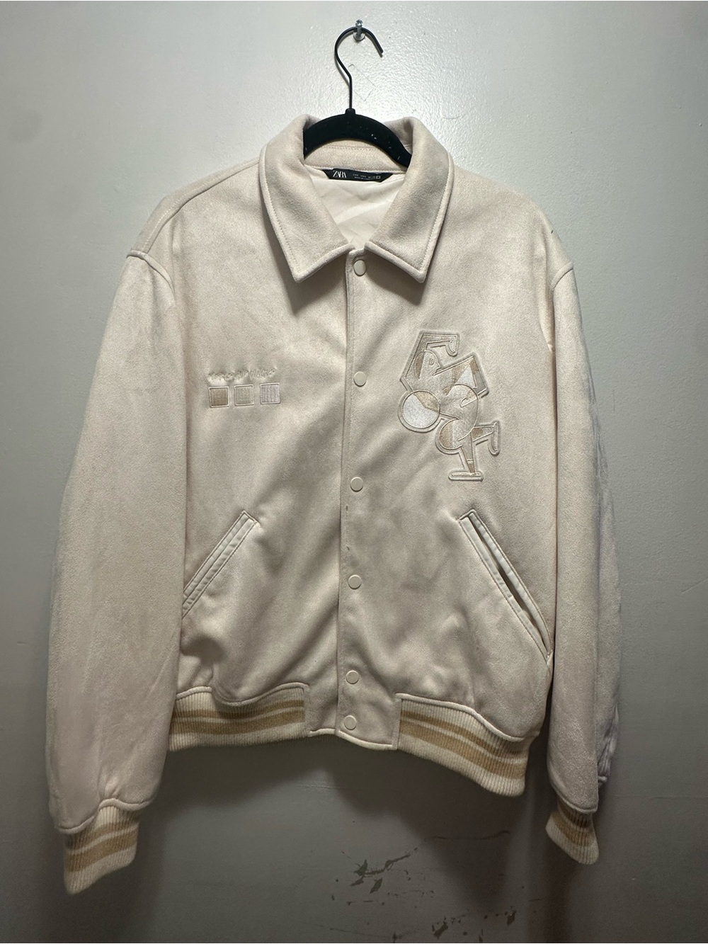 Zara Off-White Varsity-Style Bomber Jacket size large